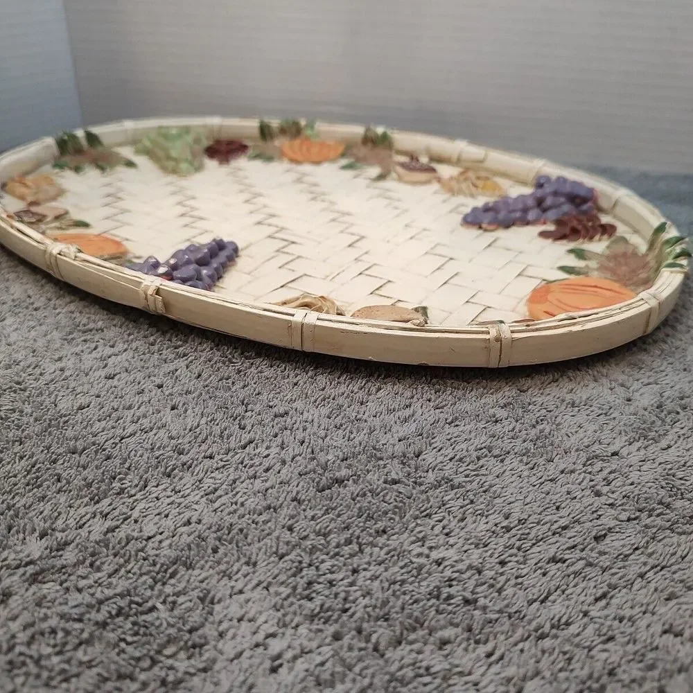Vtg Woven Basket Platter Fall Fruit Pumpkins Clay Hand Painted Multi Use 14